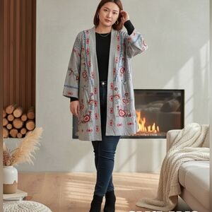 Kayrn Seo Boho Hand  Embroidery 100 % Cotton Kimoni -Robe Oversized   S